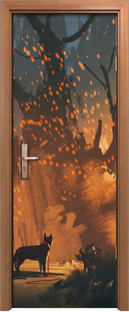 Türposter 70x200 cm Türaufkleber Türtapete Türfolie Klebefolie Hund im Wald mit mystischem Licht