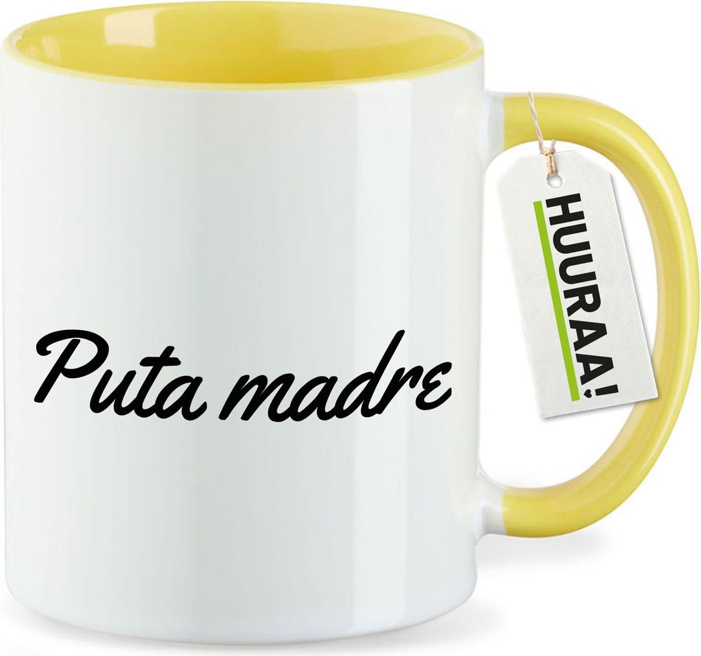 Huuraa Keramiktasse Puta madre spanisch Schriftzug Geschenk 330ml Gelb Puta madre Überraschung