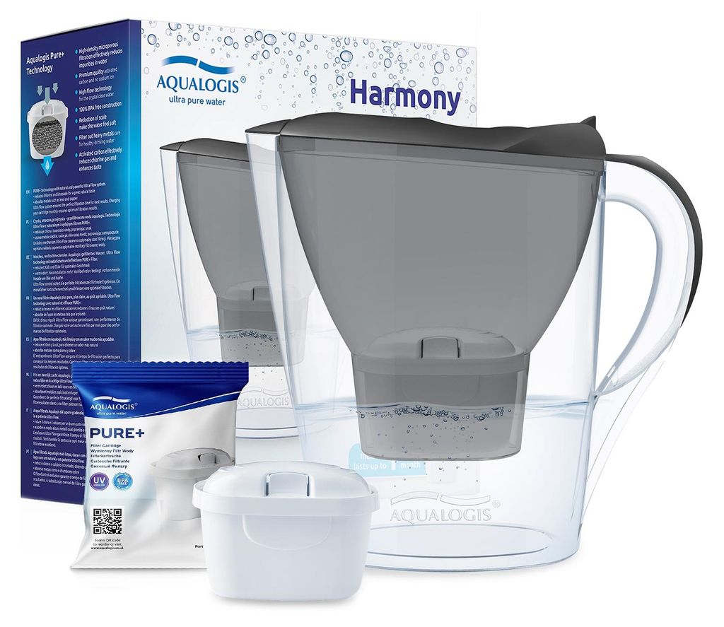 A set of Aqualogis Harmony water filter pitchers and filters are displayed against a white background.