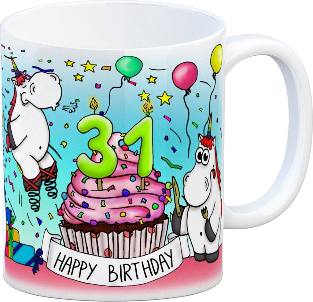 Honeycorns Tasse zum 31. Geburtstag mit Muffin und Einhorn Party Kaffeebecher