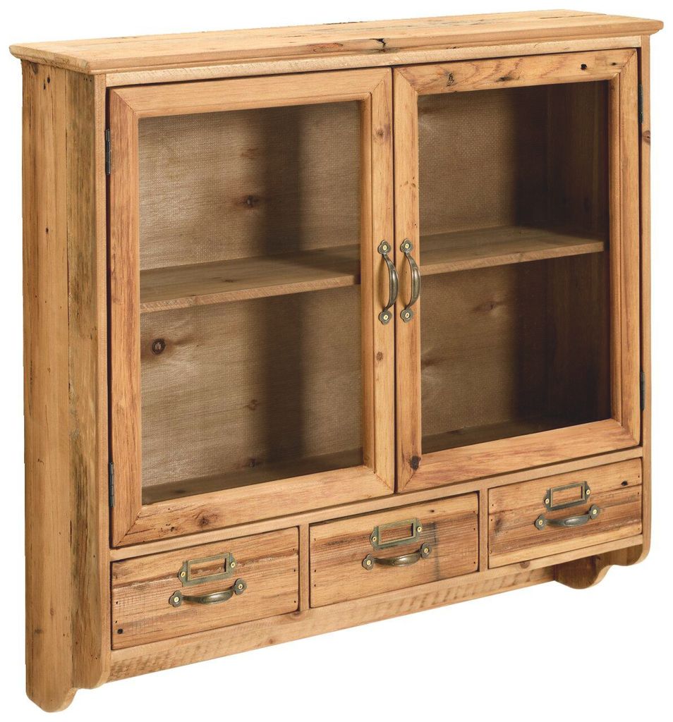 Hängevitrine KALLE aus Kiefernholz naturfarben, 61.5x64.5cm, mit 2 Glastüren und 3 Schubladen