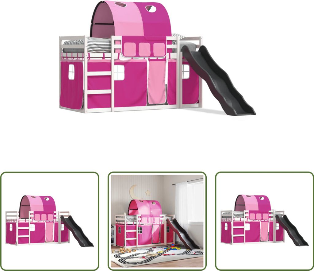 The Living Store Etagenbett mit Rutsche und Gardinen Rosa 90x190 cm