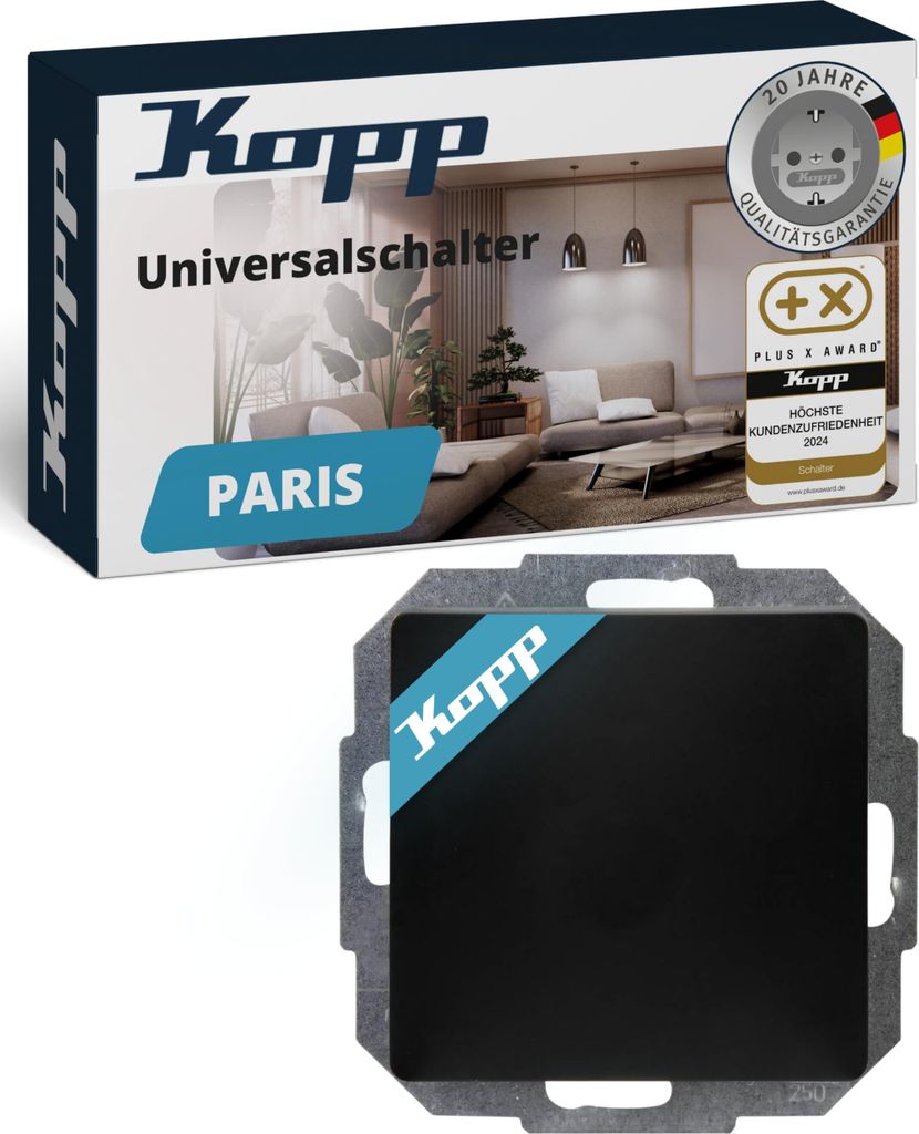 Kopp PARIS Universalschalter in Matt-Schwarz - Lichtschalter-Unterputz mit 10AX Schaltvermögen - Hochwertiger IP20 Schalter mit Steckklemmen - Sti...