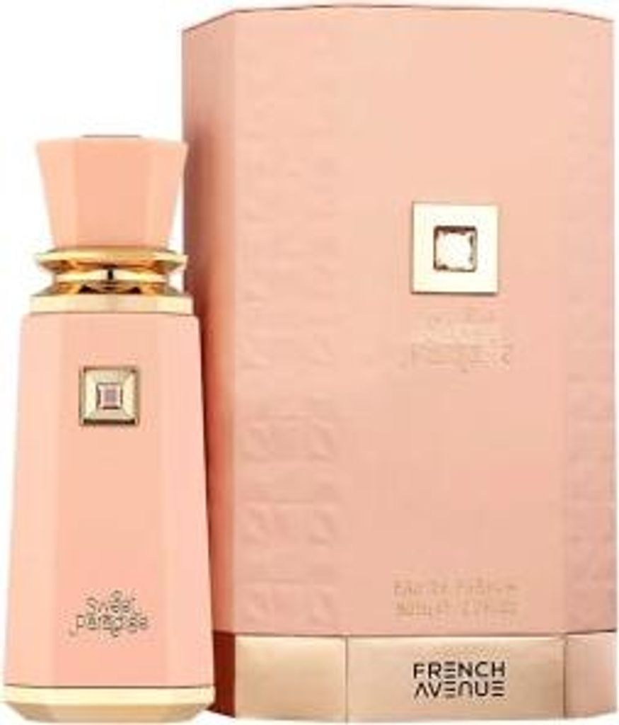 A perfume bottle and its packaging are shown against a white background.