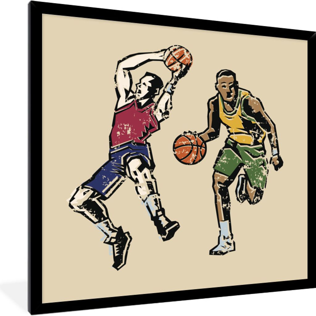 MuchoWow Gerahmtes Poster Eine Illustration von zwei Basketballspielern, die mit ihrem Sport beschäftigt sind 40x40 cm - Poster mit Schwarzem Bi...