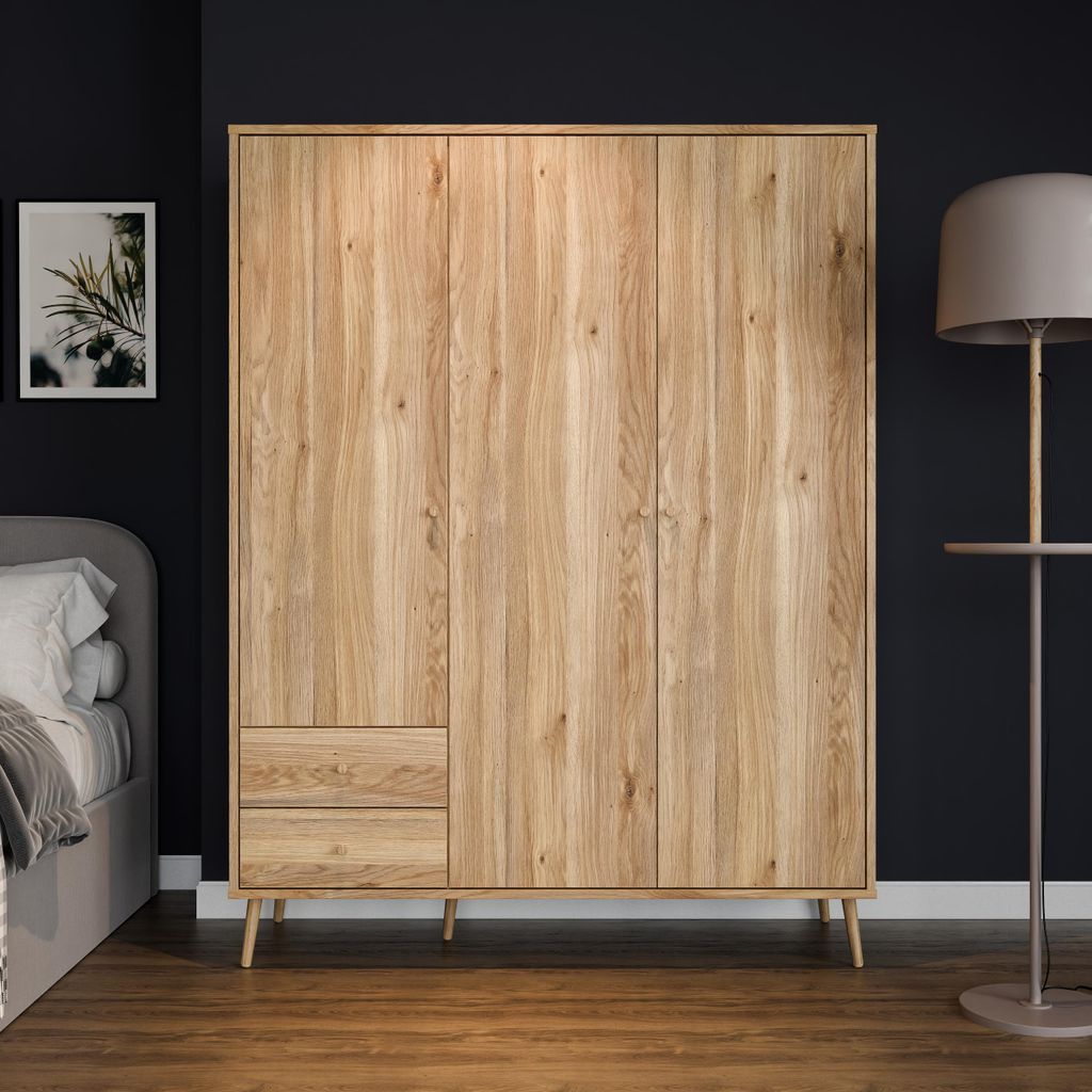 Forte HARLLSON Kleiderschrank 160, Mid-Century-Modern, leichte Montage dank EasyKlix by Forte, 3-türig, 2 Schubladen, Mauvella Eiche Holzdekor, 15...