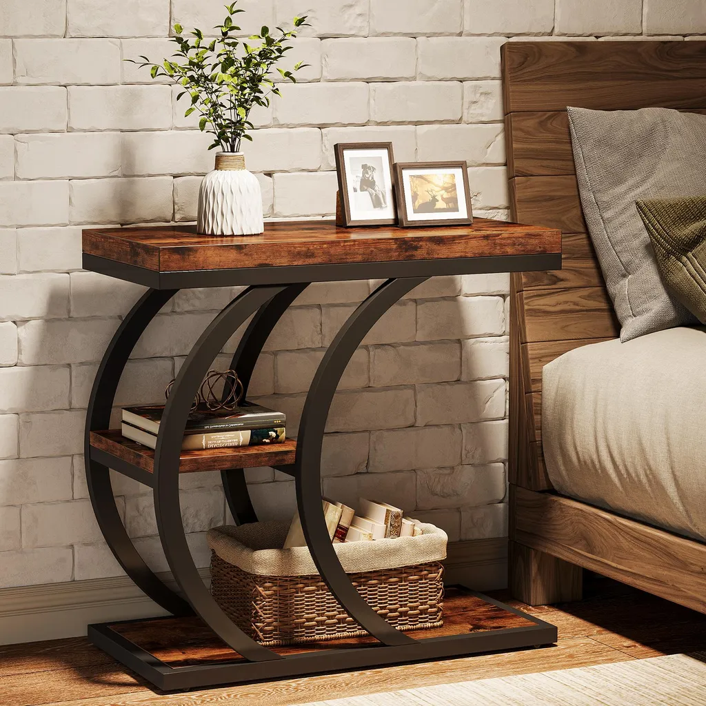 Table d'appoint C 60 cm à 3 niveaux style industriel en bois naturel - 7