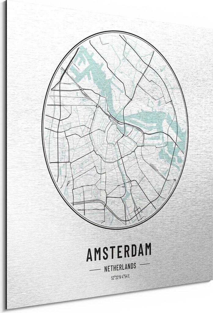 DEQORI Alu-Dibond Bild Silber 50x50 cm 'Stadtplan Amsterdam' Wandbild Metall dünn Design