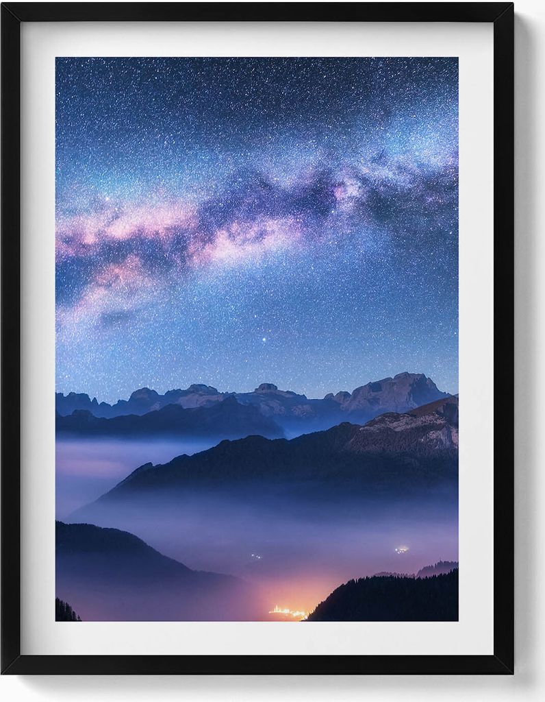Sternenhimmel über den Bergen– Wandbild mit Rahmen – Gerahmtes Bild – Wanddekoration – 60x80 cm – Schwarz Rahmen