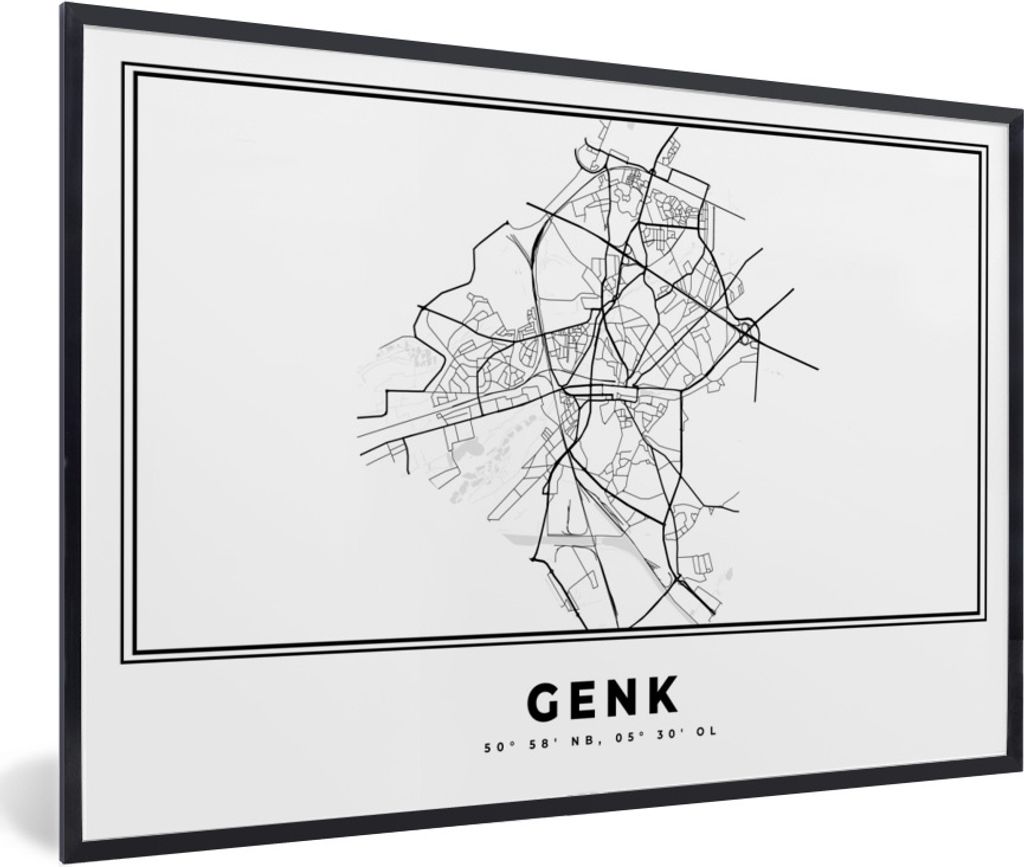 MuchoWow Gerahmtes Poster Karte - Stadtplan - Genk - Belgien - Schwarz und weiß 30x20 cm - Poster mit Schwarzem Bilderrahmen Wandposter Rahmen F...