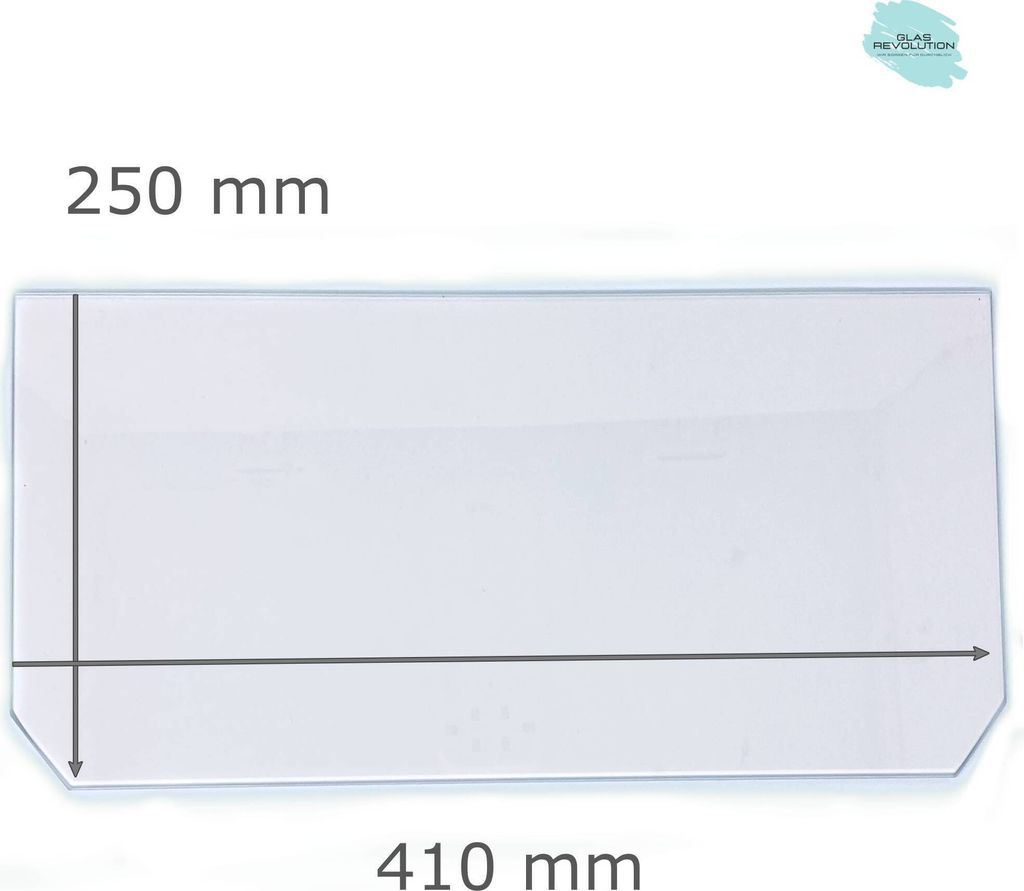 Kühlschrank Einlegeboden - Klarglas 4 mm - 2 abgeschrägte Ecken - 410 mm x 250 mm - (89,96 EUR / qm - Mindestbfl. 0,25 qm - Kantenb. 5,35 EUR / l...