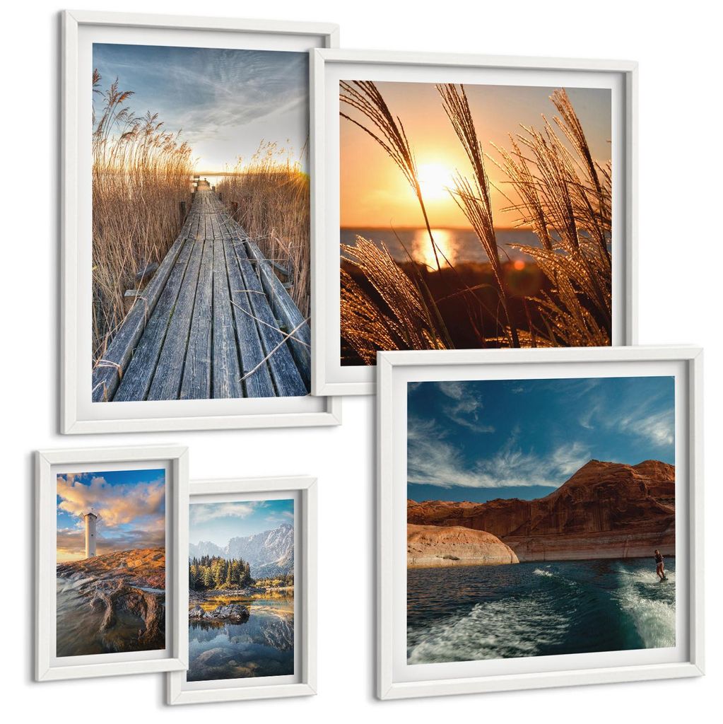 Bilder Set 5-teilig im Goldrahmen Rahmen – Wandbilder 5 Stück – gerahmte Poster für Wohnzimmer, Schlafzimmer und Flur – 50x50 cm - 40x60 cm...