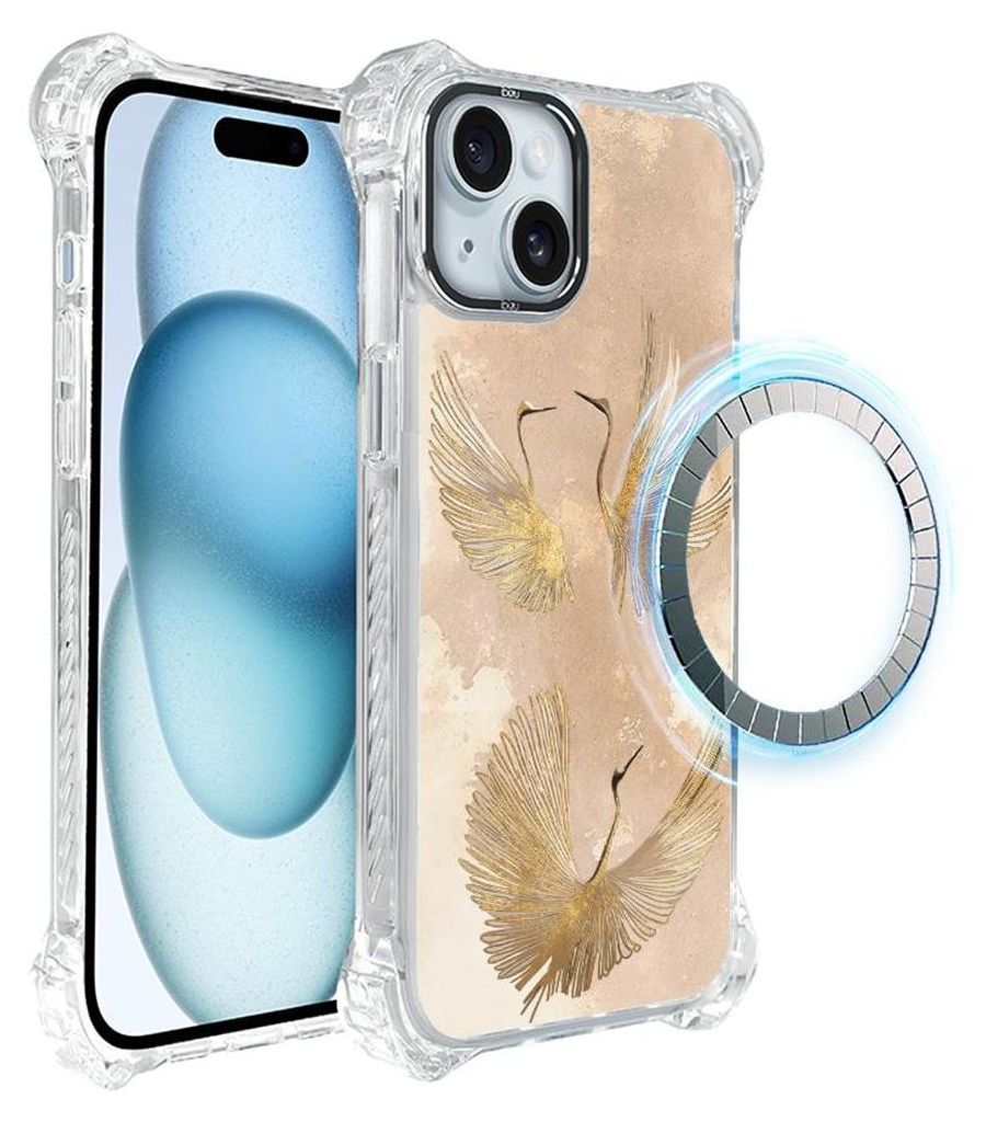 Schutzhülle für das iPhone 15 Plus, MagSafe-kompatibel, verstärkte Ecken, transparente Seiten, goldene Vögel, Kraniche