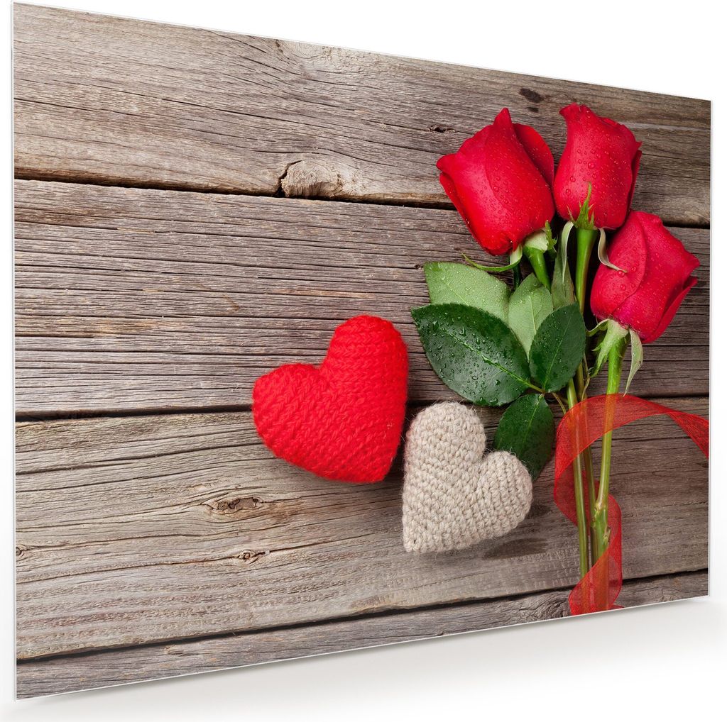 Glasbild Wandbild Rosen auf Holztisch 80x60cm in XXL für Wohnzimmer, Schlafzimmer, Badezimmer, Flur