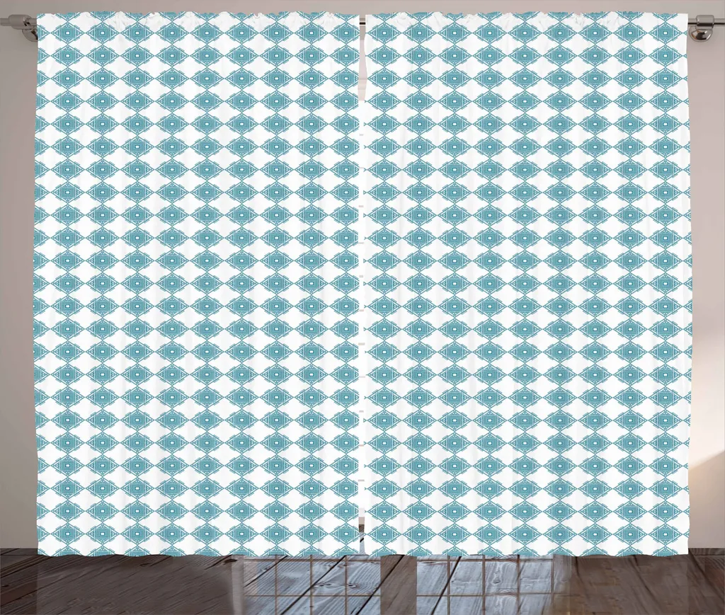ABAKUHAUS Tenda geometrica rustica, Interlacing Squares, soggiorno Nastro universale Tende con passanti e ganci, 280 x 175 cm, azzurro e bianco