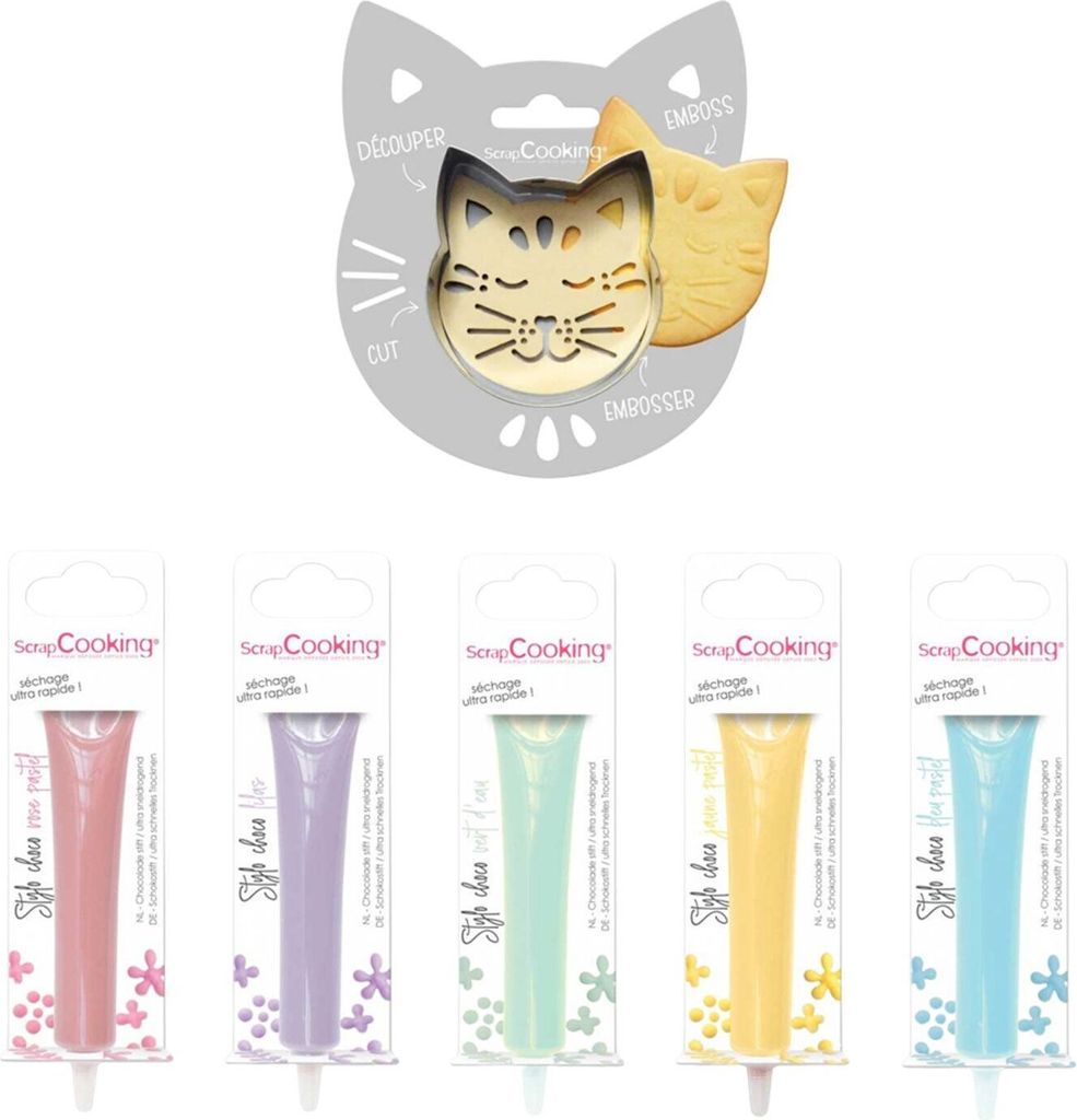 Relief-Keks-Set Katze + 5 Schoko-Pastellstifte