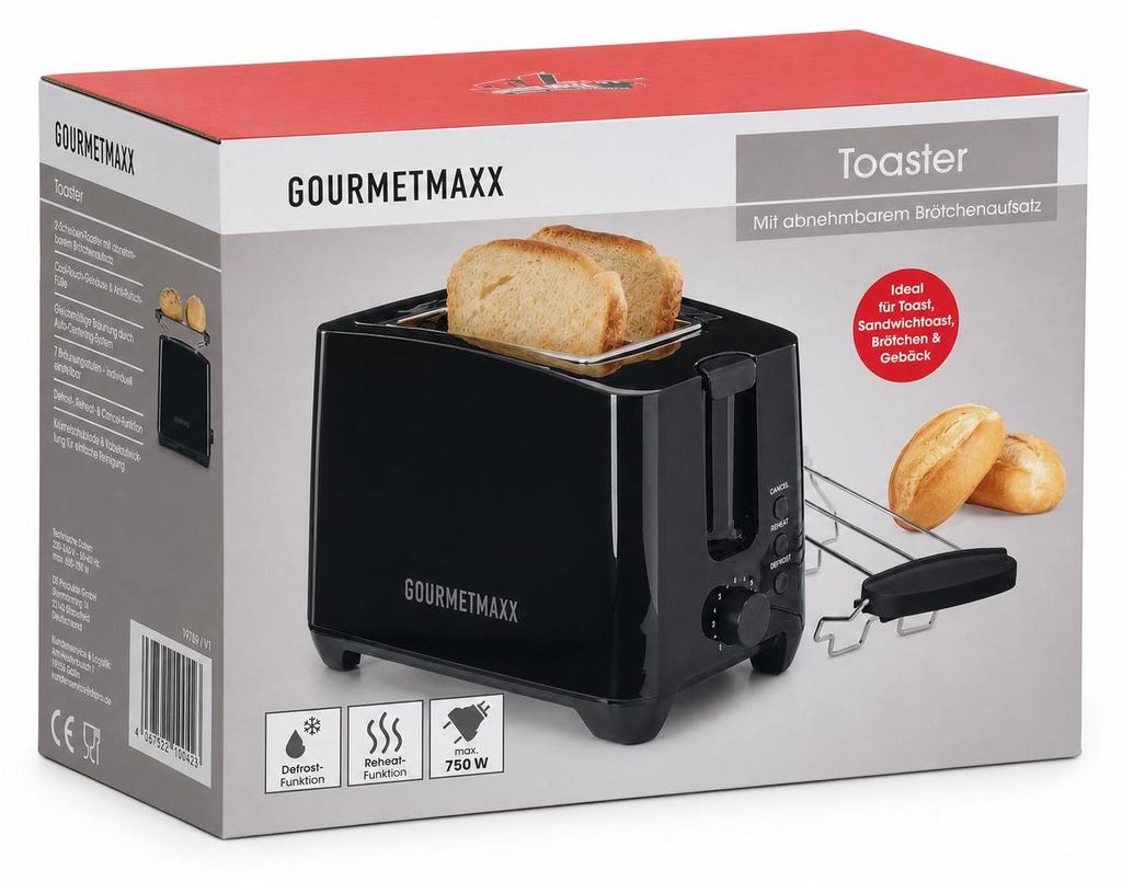 GOURMETmaxx Toaster 750 W, 2 Scheiben Kurzschlitz, schwarz, Produktbild 