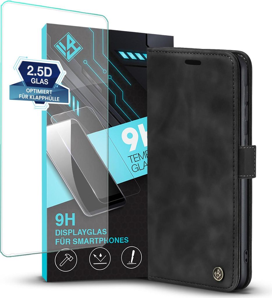 Handy Hülle für Samsung Galaxy Xcover7 Pro mit 9H Displayglas Klapphülle Bookcase Flip Cover Handy Tasche Etui Farbe: Schwarz