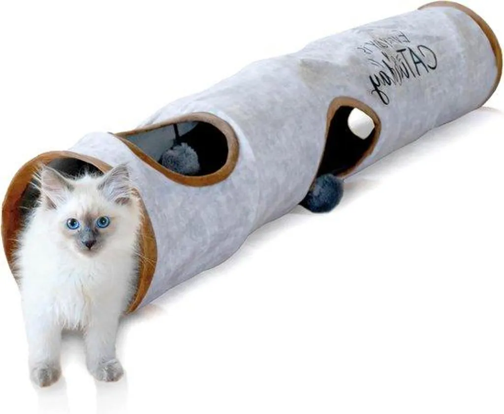 Tunnel pour chat pliable 120 cm avec 3 trous et balles de jeu - Bleu