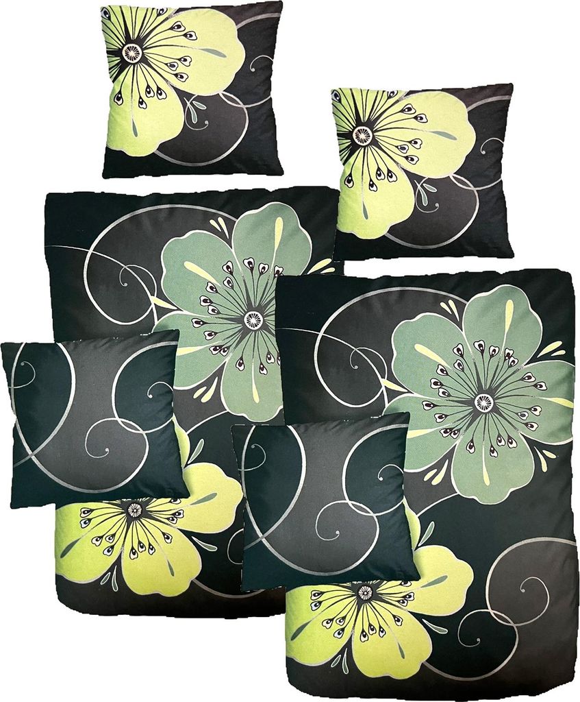 Hochwertige Baumwolle Satin Bettwäsche Blumen Grün Schwarz 155x220 80x80cm: 4 tlg.