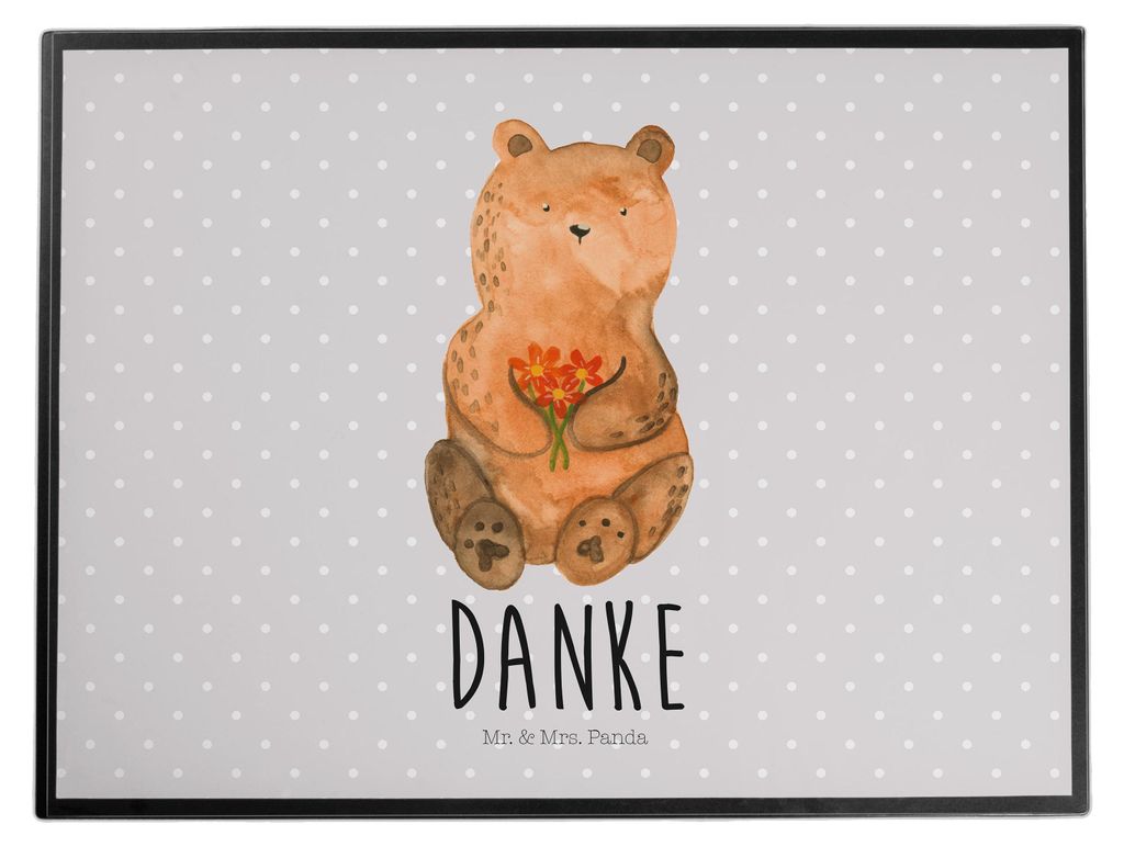 Mr. & Mrs. Panda Schreibunterlage Bär Dankbar - Grau Pastell - Geschenk, arbeitsmatte, Danke, schreibtischauflagen, Blumen, schreibtischunterlagen...