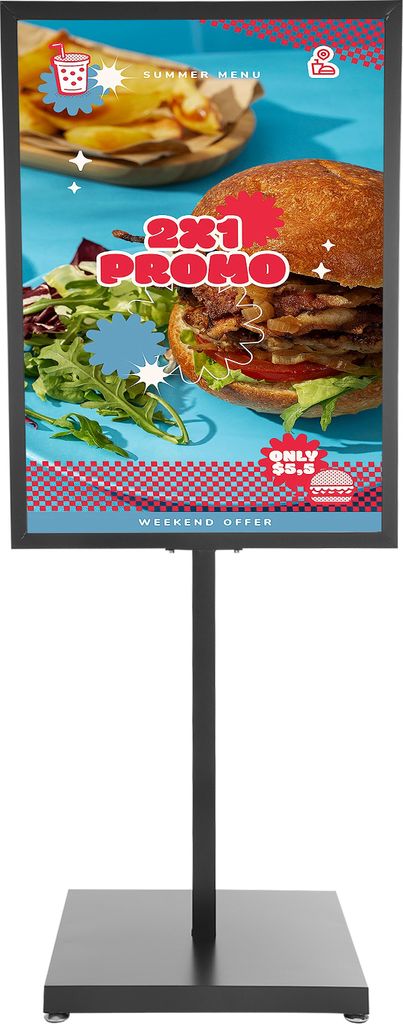 A digital display stand showing a promotional advertisement for a food item.