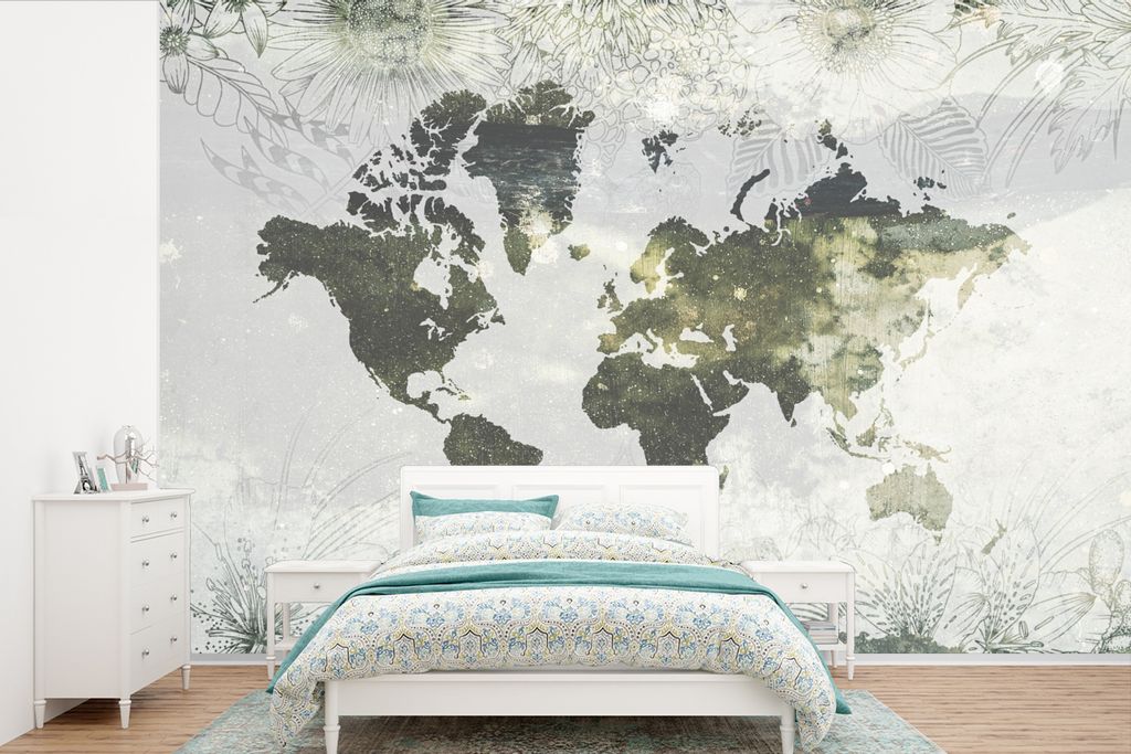 MuchoWow Fototapete für Wohnzimmer oder Schlafzimmer Wandtapete Vinyl Motivtapete Weltkarte - Blumen - Gelb - 600x400 cm - Vinyltapeten