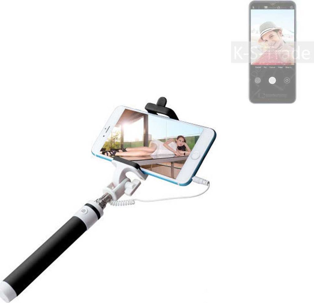 K-S-Trade Selfie Stick kompatibel mit Blackview A52 Selfiestick kabelgebunden Monopod mit Kabel Stab Stange Selfportrait Handheldstick schwarz 1x