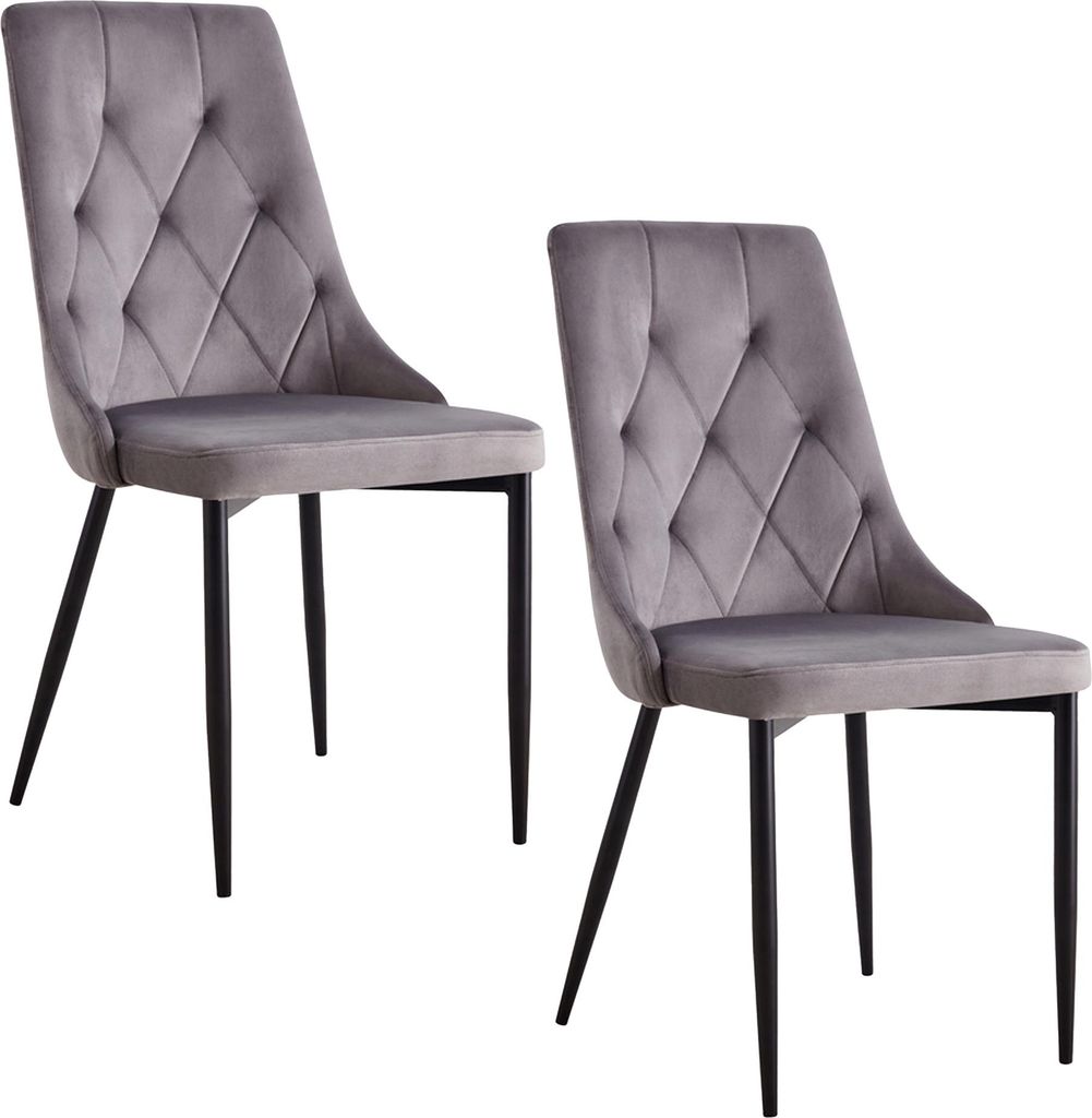 Two gray upholstered dining chairs with black metal legs are shown against a white background.