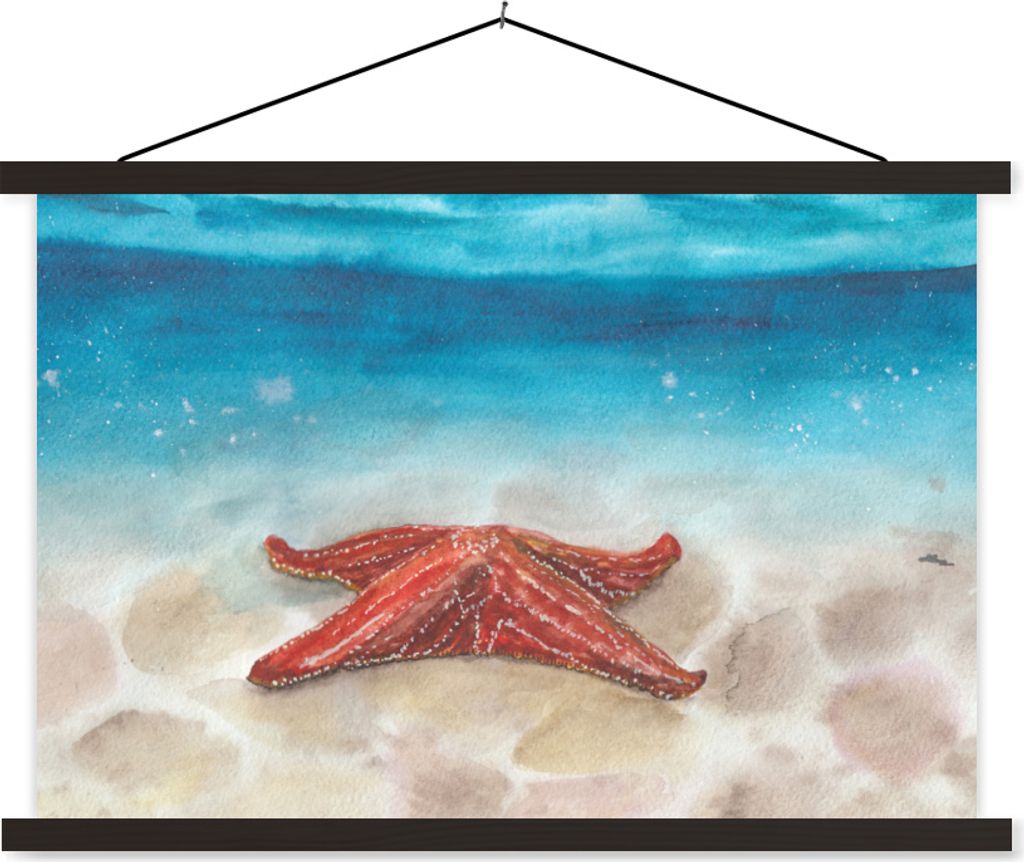 MuchoWow Textilposter Meer - Aquarell - Seestern 150x100 cm mit schwarzem Rahmen - Schlafzimmer