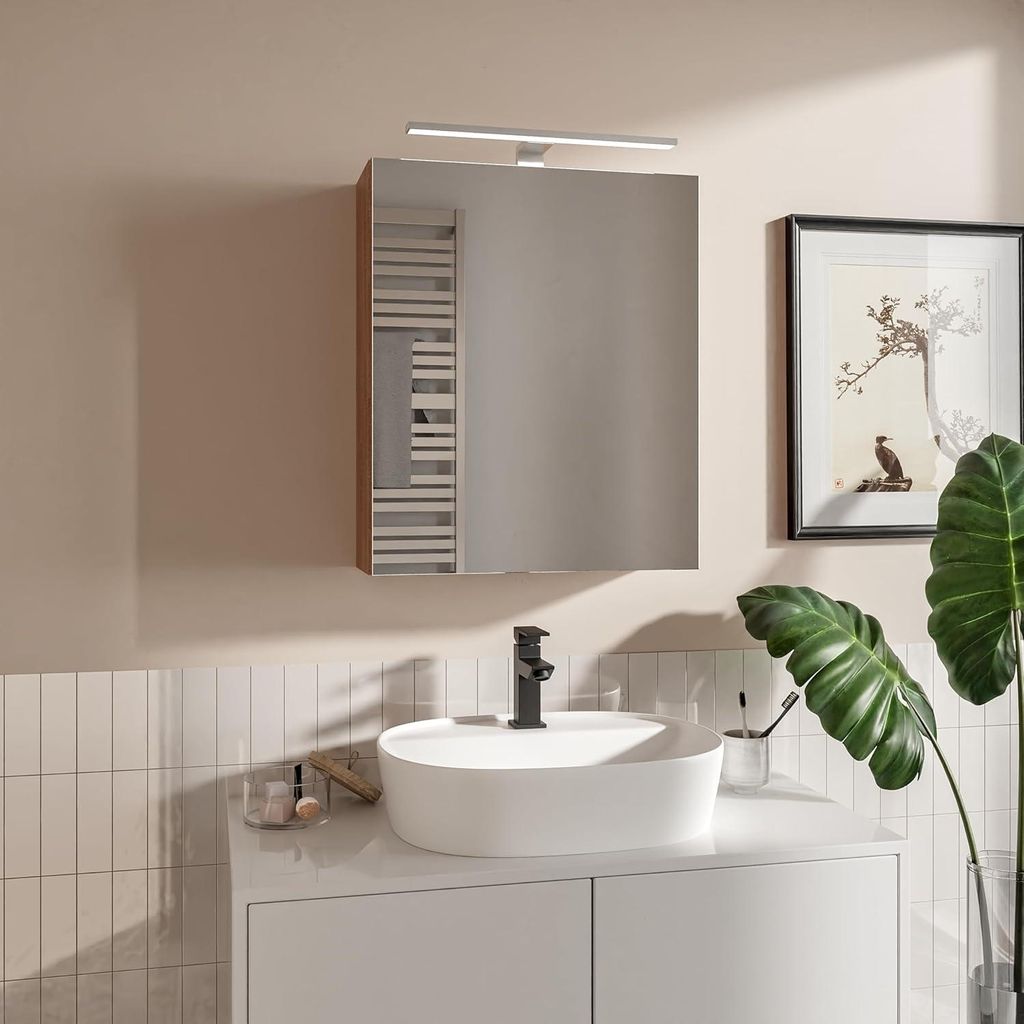 HAJDUK FURNITURE Spiegelschrank Bad mit LED Beleuchtung 50x60 cm Eiche Sonoma Badschrank mit Spiegel Ablage und Griffloser Öffnung Aufsatzleuchte