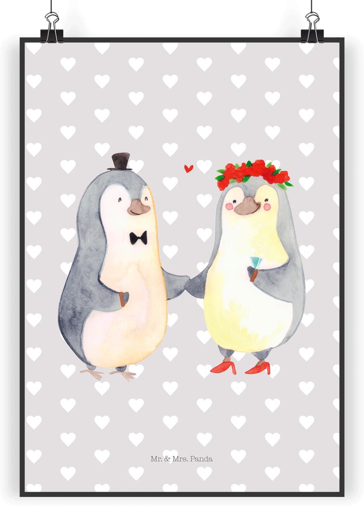 Mr. & Mrs. Panda Bild Pinguin Heirat DIN A3 - Grau Pastell - Geschenk, Just Married, Freundin, kunstdruck poster, Frau, Plakat, drucke, wanddeko, H...