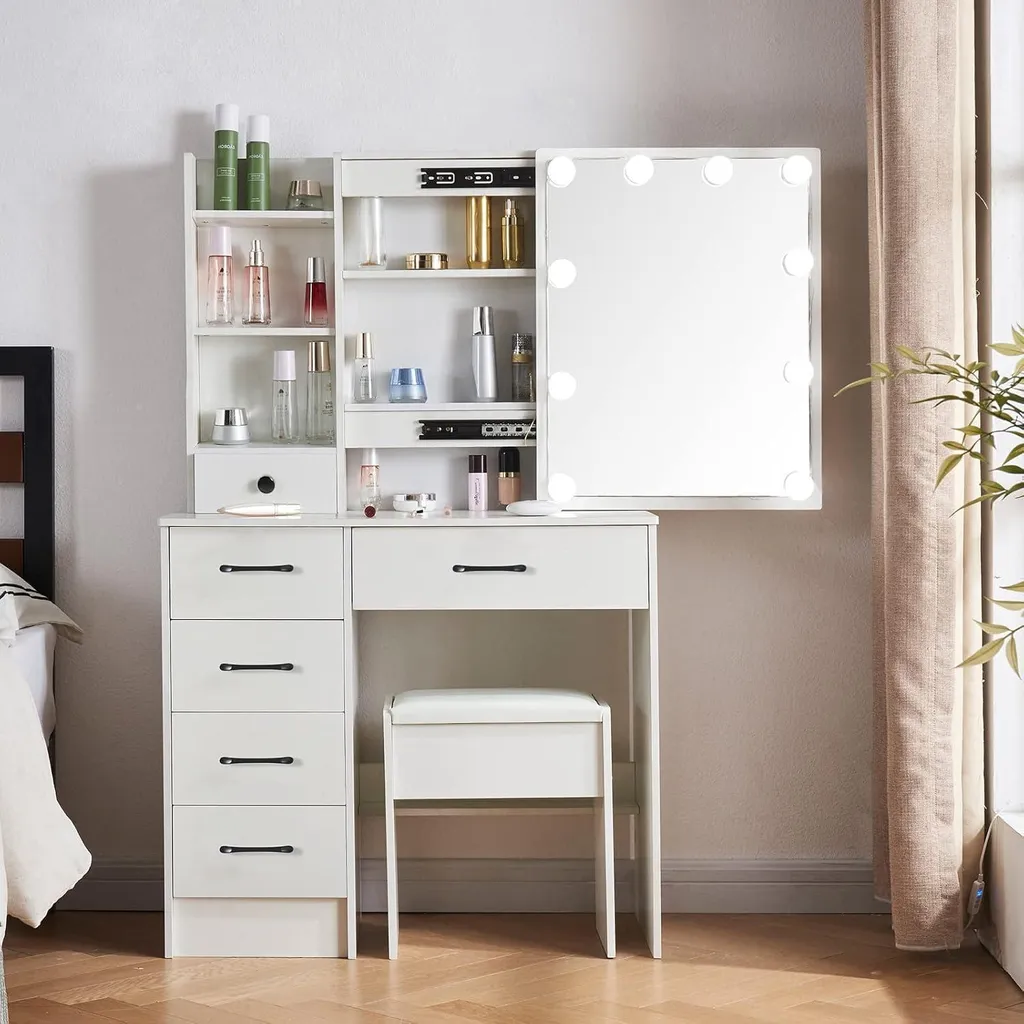 Coiffeuse avec tabouret et miroir LED 6 tiroirs 80 cm pour maquillage