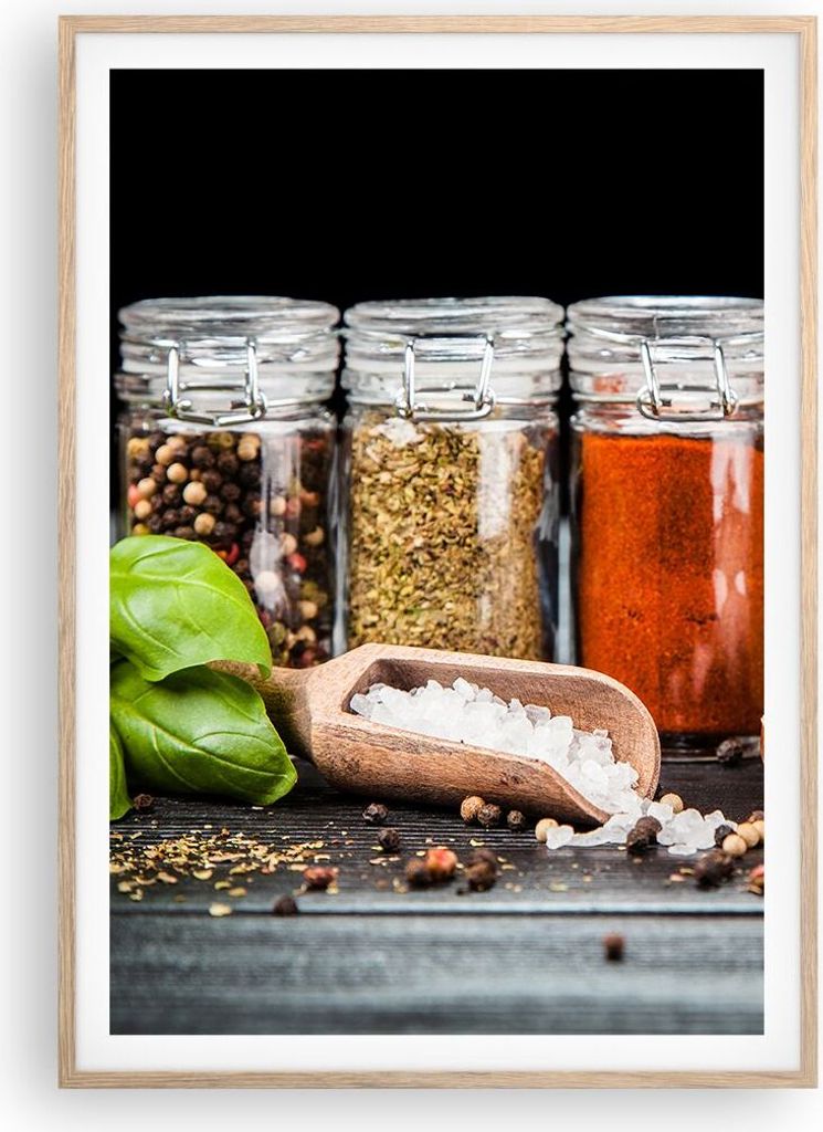 Gerahmtes Poster - Rahmen in heller Eiche - Gewürze Knoblauch Holz Salz - 70x100 cm - Wand Bild - Wanddeko - Wandbilder - Wandposter - Bilderrahme...