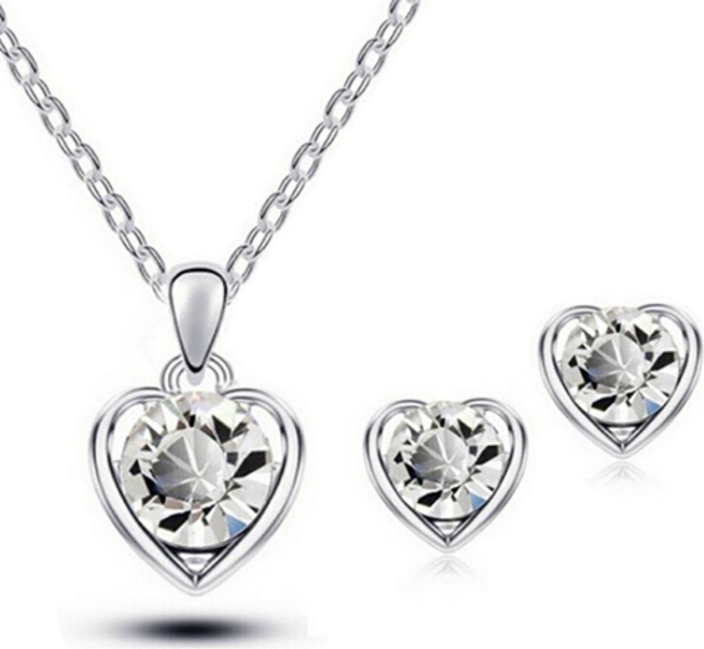 Damen Modeschmuck Herz Kristall Anhänger Halskette Ohrstecker Ohrringe Set-Silber + Weiß