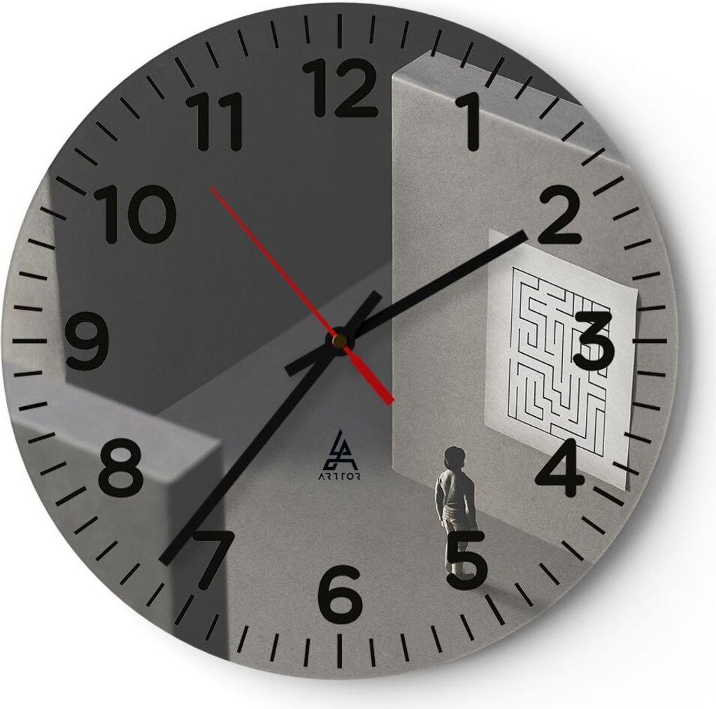 Wanduhr - Rund - Glasuhr - Labyrinth Grau Verloren - 40x40cm - Schleichendes Uhrwerk - Lautlos - zum Aufhängen bereit - Dekoration Modern - Wandde...