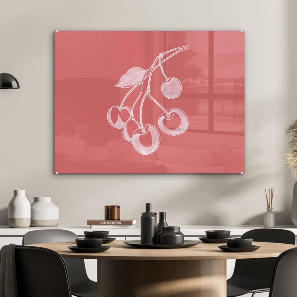 MuchoWow Glasbilder - Bilder auf Wandbild - Foto auf Glas Strichdarstellung - Kirsche - Zweig - Weiß 80x60 cm Wanddekoration aus Glas - Acrylglasb...