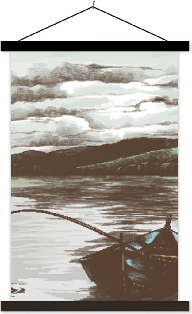 MuchoWow Textilposter Boot - Angelrute - Meer 40x60 cm mit schwarzem Rahmen - Wanddekorationen