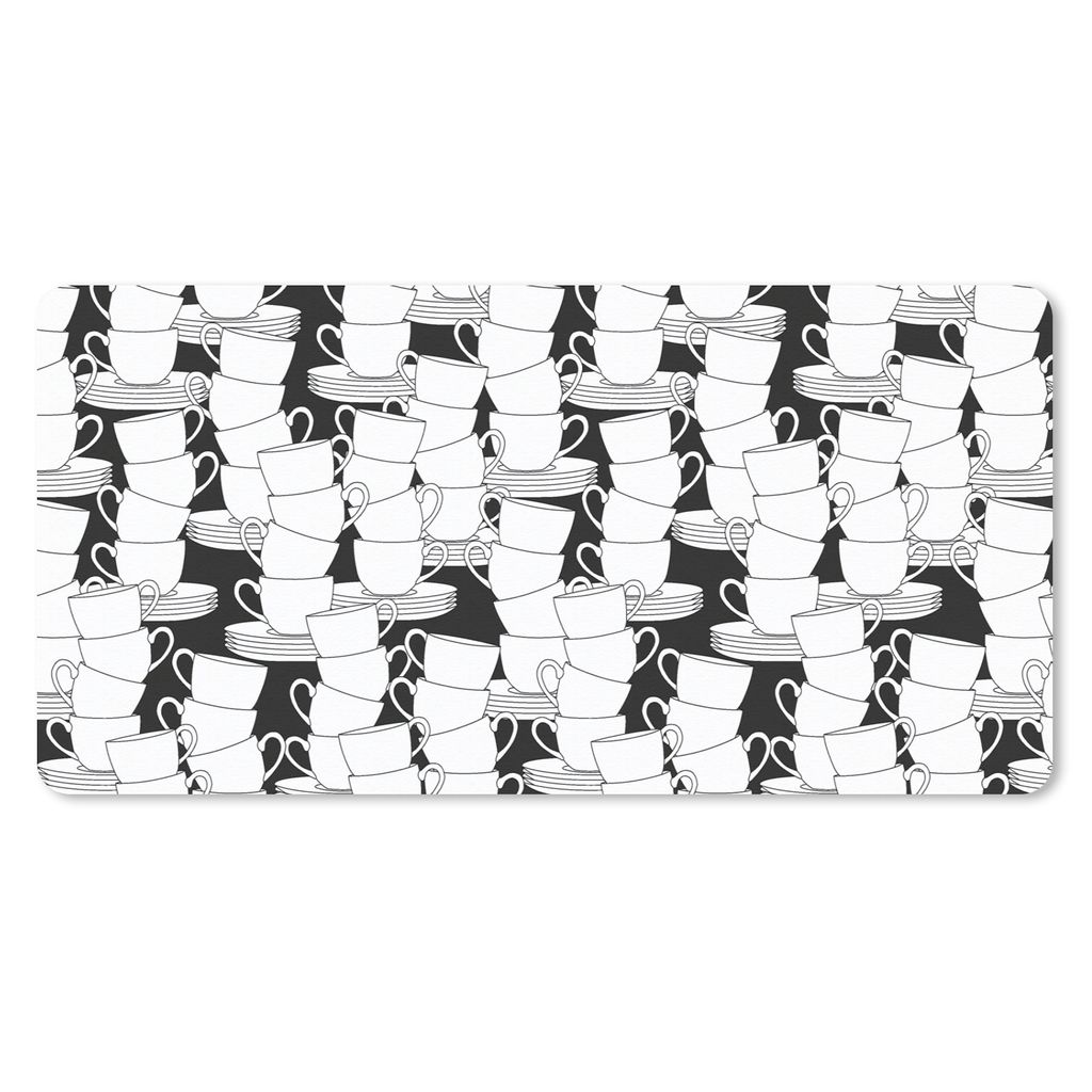 MuchoWow Schreibtischunterlage Muster - Schwarz und Weiß - Tassen - Tee 80x40 cm - XXL Mauspad - Gaming Mauspad