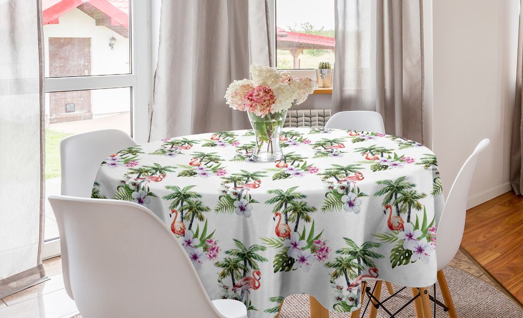 ABAKUHAUS Palme Runde Tischdecke, Flamingo Hibiscus Kunst, Kreis Tischdecke Abdeckung für Esszimmer Küche Dekoration, 150 cm, Mehrfarbig