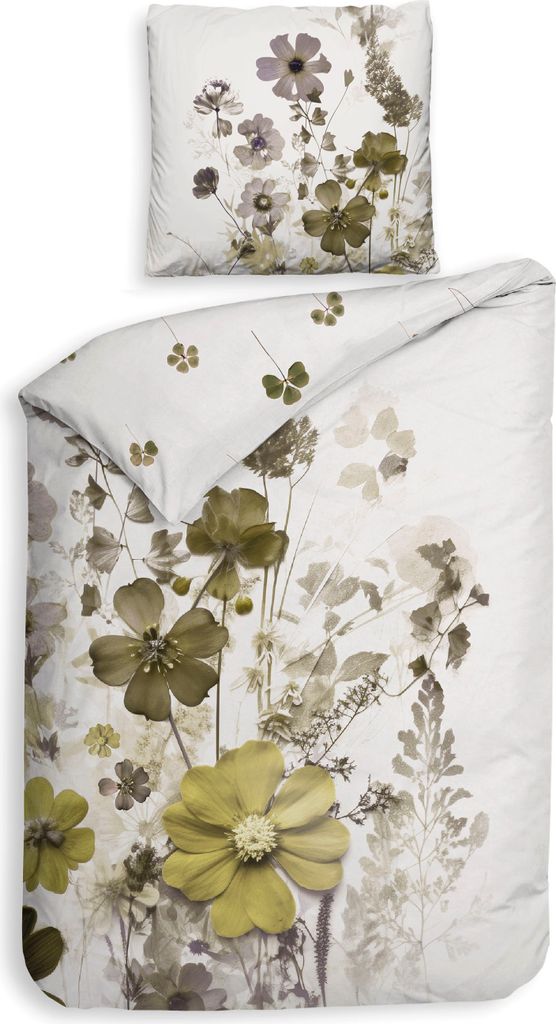 Heckett & Lane Satin Bettwäsche 155x220 Liepa White Blüten Blätter grün Wende