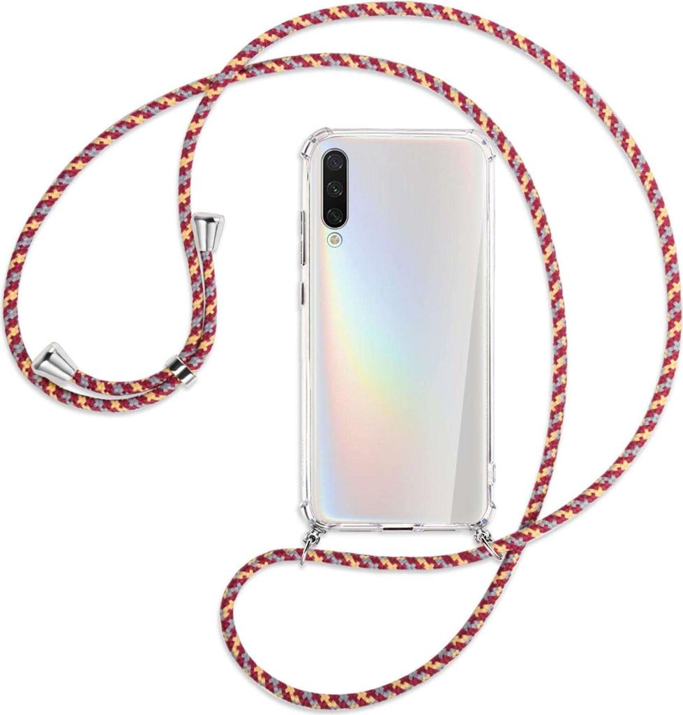 Handykette Backcover-Schutzhülle mit Band (Metall silberfarben) für Xiaomi Mi A3 / Mi CC9e - weinrot/gelb/grau