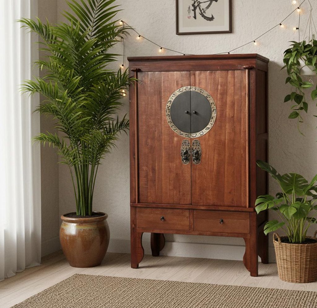 Opium Outlet chinesischer Hochzeitsschrank asiatischer Kleiderschrank Schrank Kommode China Möbel Vintage Shabby orientalisch kastanienbraun aus Holz