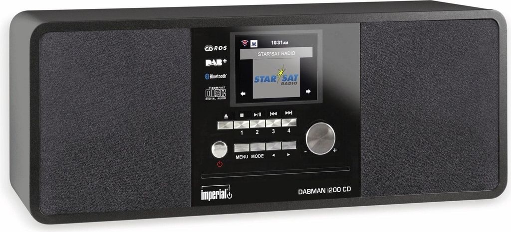 A black Imperial DABMAN i200 CD stereo system is shown from the front.