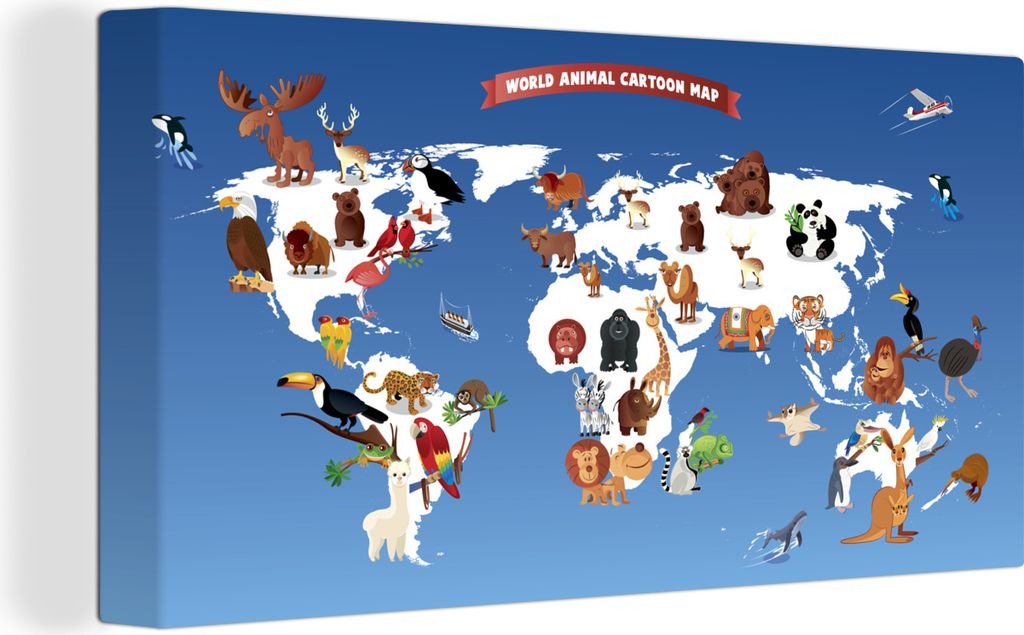 OneMillionCanvasses - Leinwandbilder - 150x100 cm, Weltkarte Kinder - Tiere - Erde, Wandbilder Kunstdruck Wanddekoration