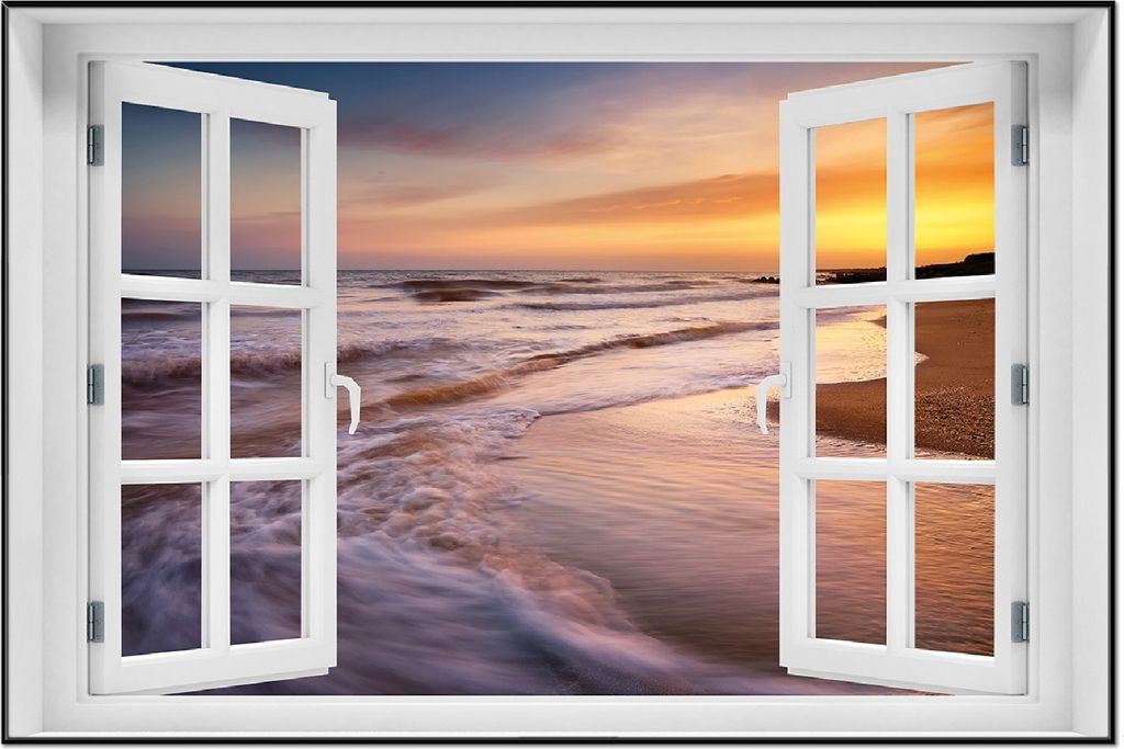 Wallario Wandbild mit Fenster-Illusion: Sonnenuntergang am Strand - Abendspaziergang, Größe: 61 x 91,5 cm, Poster mit schwarzem Aluminiumrahmen