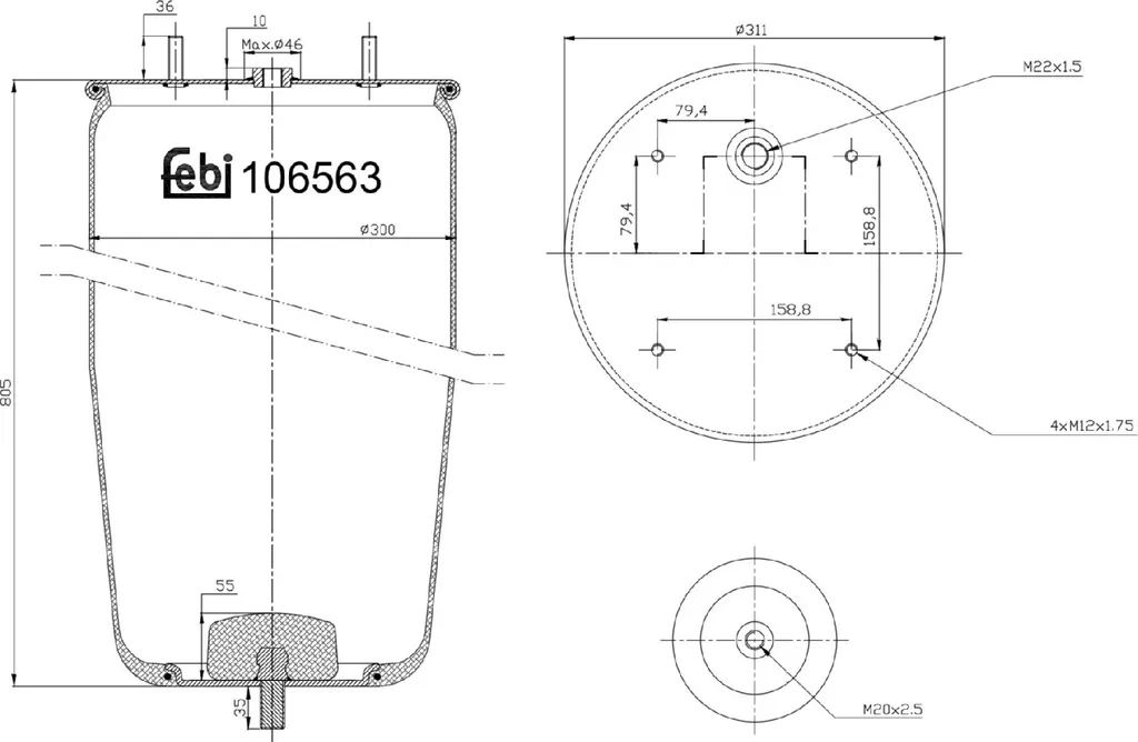Soufflet de Suspension Febi 106563 pour Stabilisation de Charge 805mm