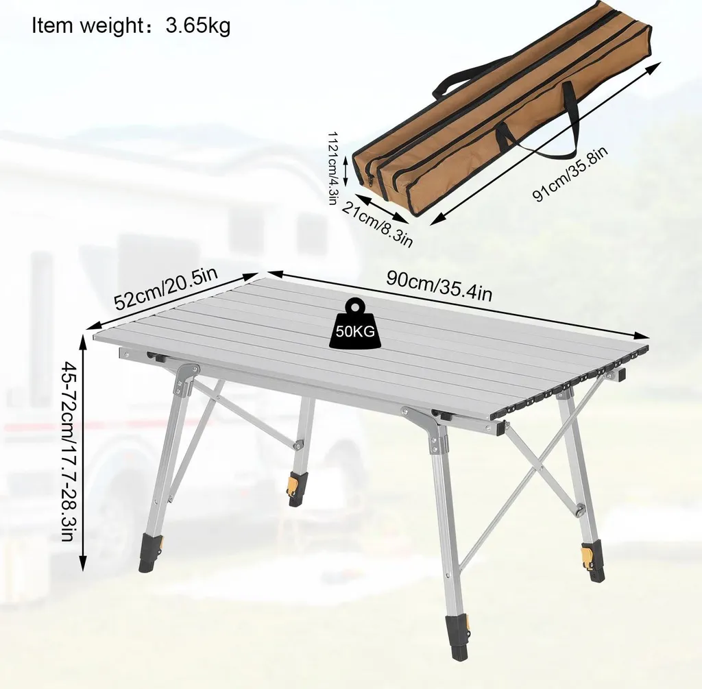 Table de camping réglable en hauteur en alu - Format pliable compact