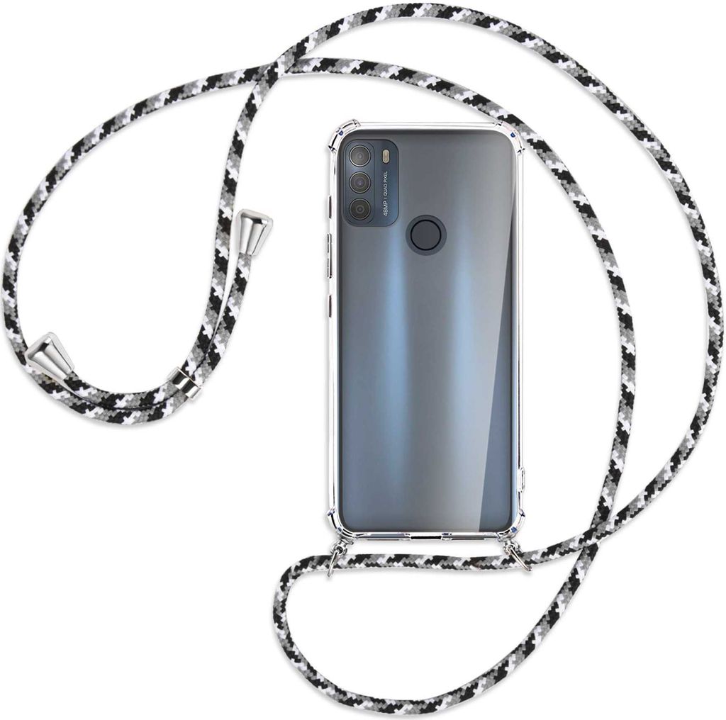 Handykette Backcover-Schutzhülle mit Band (Metall silberfarben) für Motorola Moto G50 (XT2137) - schwarz/grau/weiß