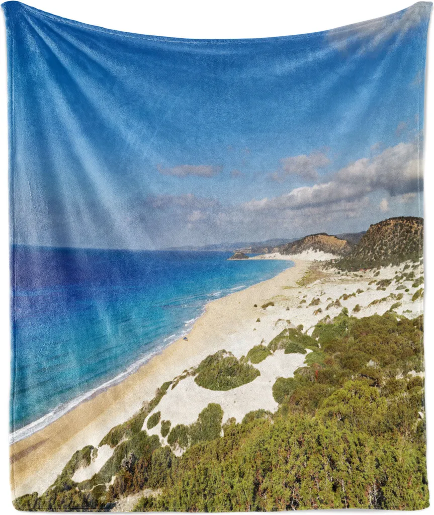 ABAKUHAUS Cipro Morbida coperta in pile di flanella, motivo naturale con immagine della spiaggia di Karpaz nella parte settentrionale dell'isola, 175 x 230 cm, multicolore